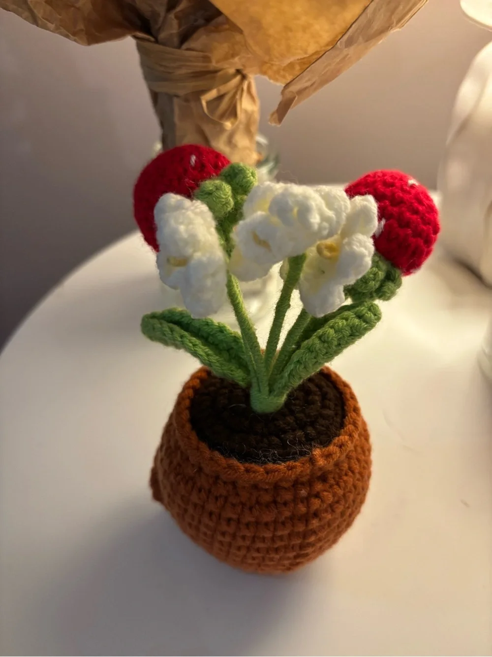 Handmade Crocheted Potted Plant Plush - Strawberries and Flowers